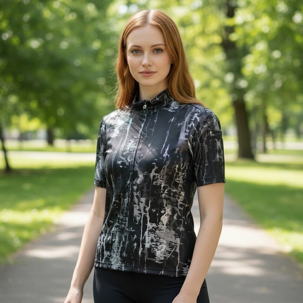 Jamie Sadock Black/Silver Abstract Print Zip-Neck Athletic Top Size Medium